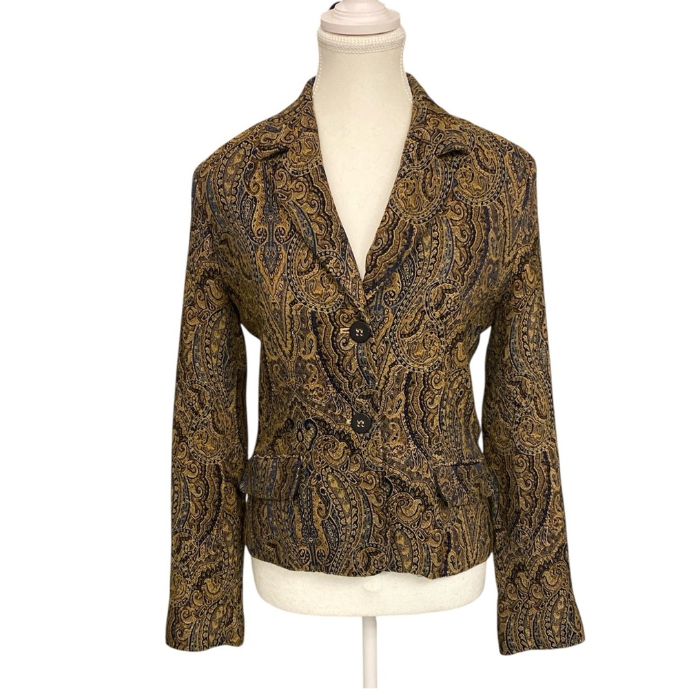 Vintage Luxe Paisley Blazer – Sz 12 Gold & Navy Statement Jacket‎ Fall